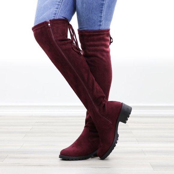 Wine Lug Sole Thigh High Boots Back Lace Tie - Picture 9 of 14